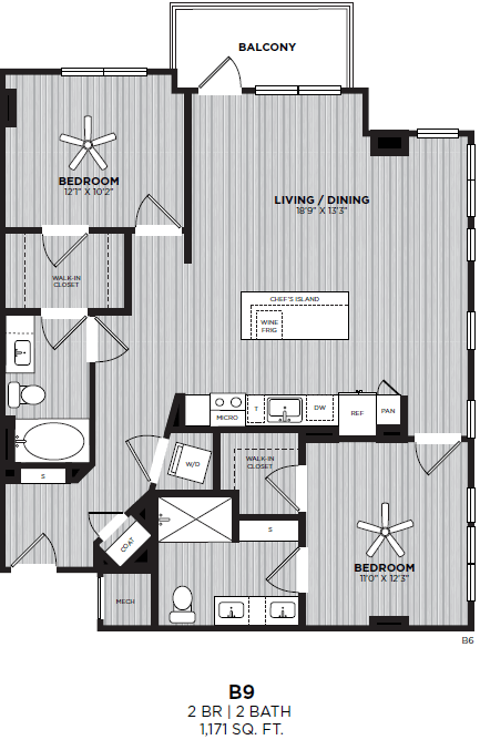 Floor plan for 2 beds, 2 baths, 1171 sqft